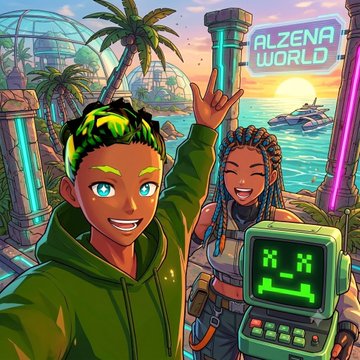 Vibrant digital artwork titled 'ALZENA WORLD' featuring two stylized characters and a smiling green pixelated robot, set against a futuristic tropical backdrop.