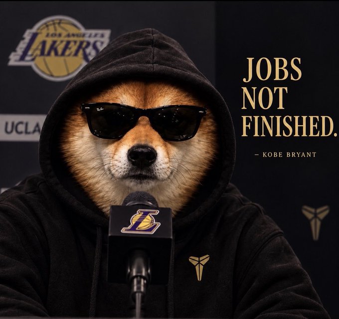 A Shiba Inu dog wearing sunglasses and a black hoodie sits at a press conference microphone with the Los Angeles Lakers logo, accompanied by the text "JOBS NOT FINISHED. — KOBE BRYANT," symbolizing resilient comeback potential as referenced in the post about $STONK recovering from a sell-off toward a $1B target.