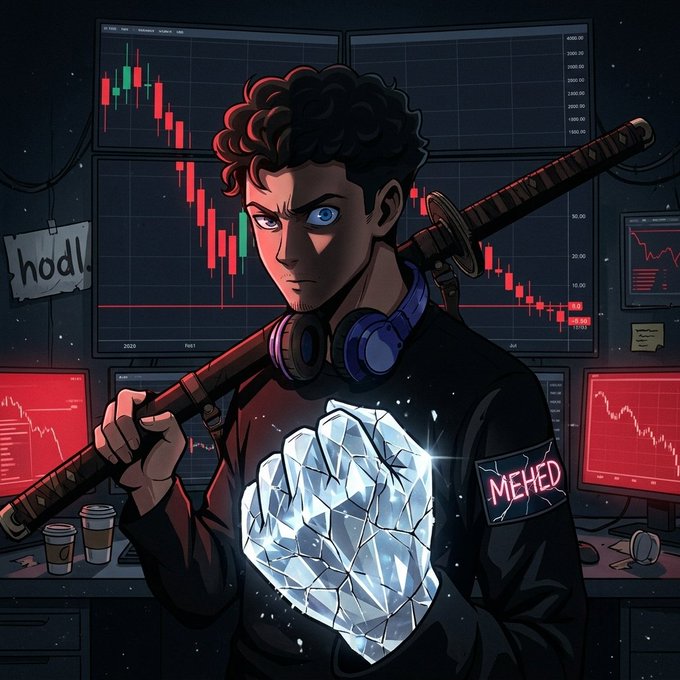 An anime-style illustration of a character holding a katana with a glowing diamond, set against stock charts with 'hodl!' written on the wall and 'MEHED' on the sleeve.