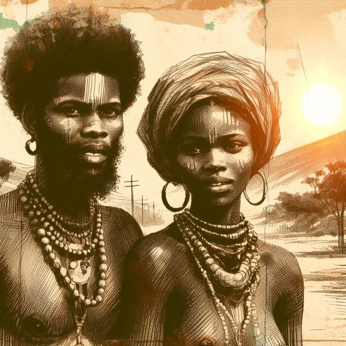 A sepia-toned illustration of an African couple with traditional scarification and beaded jewelry, set against a savanna landscape with a setting sun.