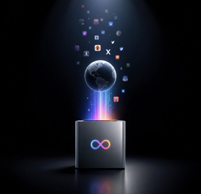 A digital illustration of a glowing Earth globe emerging from a black cube with an infinity symbol, with various social media and tech app icons floating upward in a beam of rainbow light.