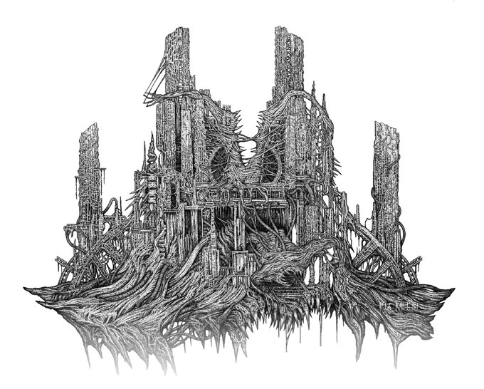 A detailed black and white line drawing depicting a gothic ruined structure overgrown with twisting roots and gnarled vegetation.