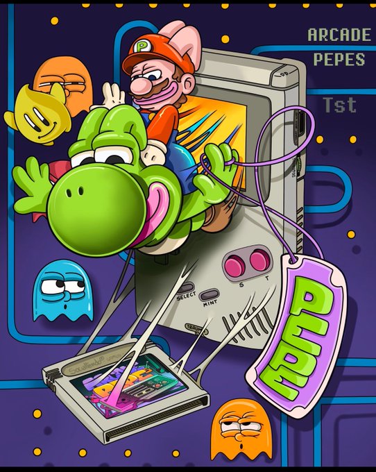 Illustration labeled 'ARCADE PEPES Tst' featuring Yoshi wearing a Mario cap bursting out of a Nintendo GameCube, with a PEPE tag and ghost characters around.