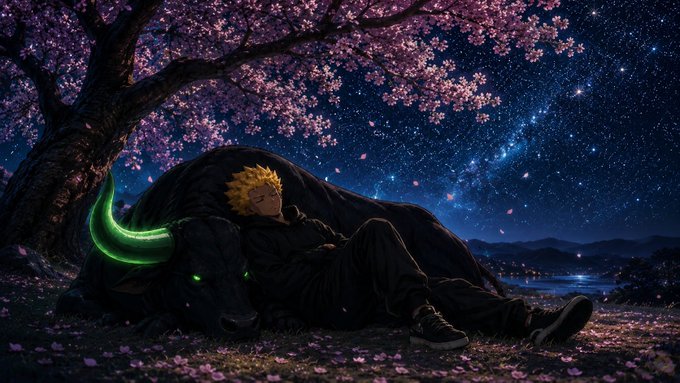 An anime-style digital illustration of a blonde character sleeping against a large black panther-like creature with glowing green eyes, under a cherry blossom tree with a starry night sky.