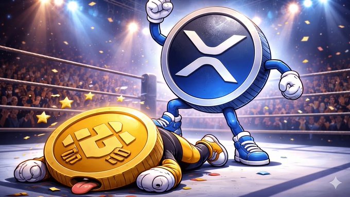 A cartoon illustration of a XRP coin character standing victorious in a wrestling ring over a defeated Binance coin character, with confetti and a cheering crowd.