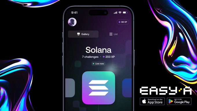 The image features a cell phone with an app called "Easy A" displayed on its screen, which appears to be related to Solana. The background of the image has a gradient effect that transitions from blue to purple, creating a visually appealing backdrop for the cell phone and app.