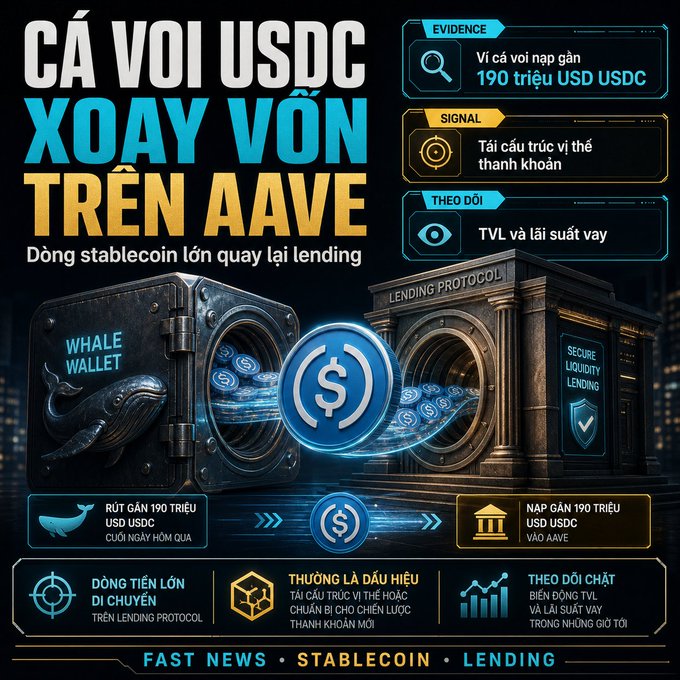 A Vietnamese-language news graphic titled 'CÁ VOI USDC XOAY VỒN TRÊN AAVE' depicts a stablecoin whale moving 190 million USDC through lending protocols, featuring a vault labeled 'WHALE WALLET' and 'LENDING PROTOCOL'.