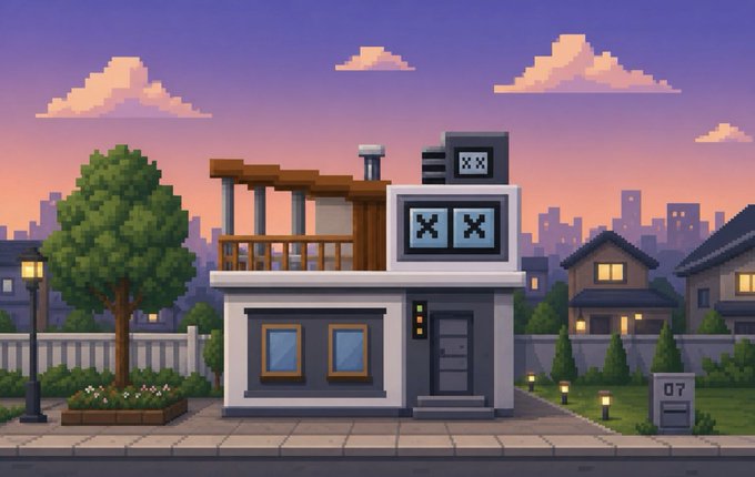 A pixel-art suburban home with a rooftop terrace stands at sunset, tying to the post’s “onchain houses, each one unique. stealth launch soon.” No brand names or numbers are visible except the small “07” on the mailbox.