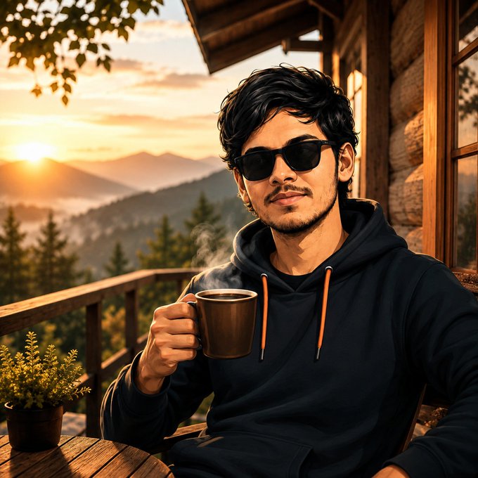 A young man in a black hoodie and sunglasses enjoys a steaming mug of coffee while sitting on a wooden balcony overlooking a misty mountain sunrise, embodying the calm confidence and fresh-start energy of the motivational post.
