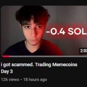 YouTube thumbnail with the title 'i got scammed. Trading Memecoins Day 3' showing a disappointed-looking young man with '-0.4 SOL' displayed in red.