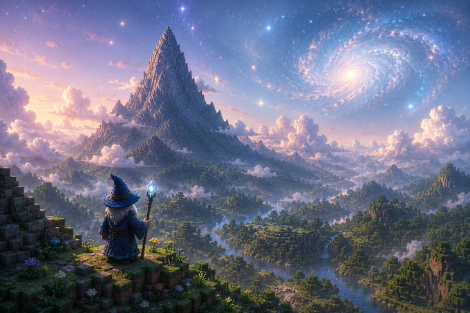 A fantasy digital artwork depicts a wizard in blue robes and a pointed hat holding a glowing staff, overlooking a lush green landscape with a towering mountain and a swirling galaxy in a starry sky.