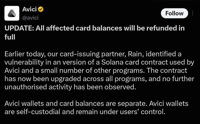 A tweet from Avici (@avici) with a verified checkmark announcing 'UPDATE: All affected card balances will be refunded in full' due to a vulnerability in a Solana card contract by partner Rain.