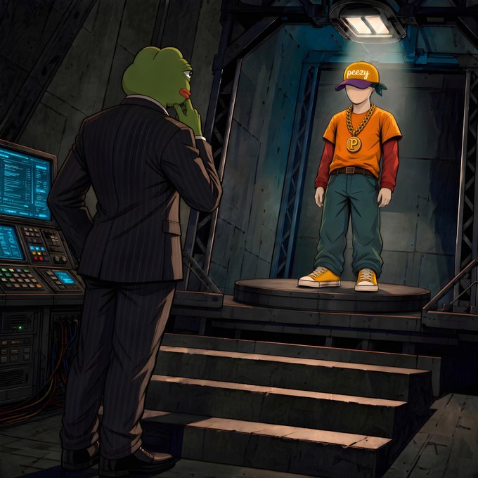 An illustration of a person in a pinstripe suit with a green Pepe the Frog head standing before a figure in an orange 'peezy' shirt on a platform in a sci-fi room.