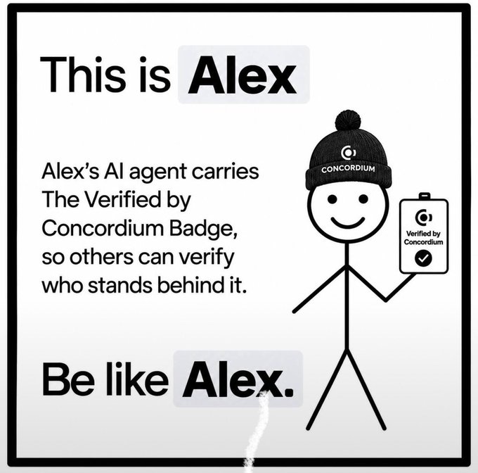 A "Be like Alex" meme showing a stick figure wearing a Concordium beanie and holding a "Verified by Concordium" badge, referencing an AI agent.
