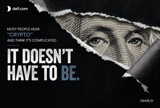 An advertisement for defi.com features George Washington's eyes peeking through torn black paper, accompanied by the text 'MOST PEOPLE HEAR "CRYPTO" AND THINK IT'S COMPLICATED. IT DOESN'T HAVE TO BE.'
