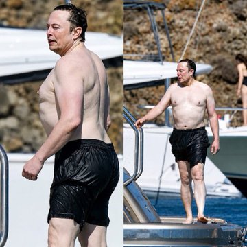 Two photos of a shirtless heavyset man in black swim trunks stepping off a boat near a rocky shore.
