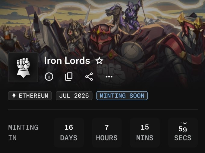 A promotional banner for the "Iron Lords" NFT collection shows armored warrior characters with a "Minting Soon" status on Ethereum, counting down 16 days, 7 hours, 15 minutes, and 59 seconds to launch, aligning with the post announcing the September 1 OpenSea release of the limited 101-piece hand-drawn collection.