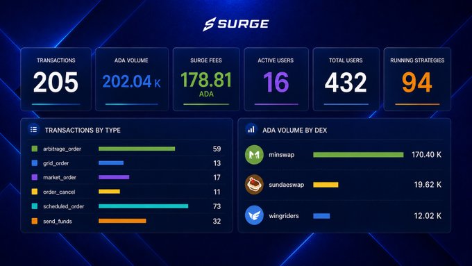 A Surge cryptocurrency dashboard displaying metrics including 205 transactions, 202.04K ADA volume, 178.81 ADA surge fees, 16 active users, 432 total users, and 94 running strategies, with breakdowns by transaction type and DEX (minswap, sundaeswap, wingriders).