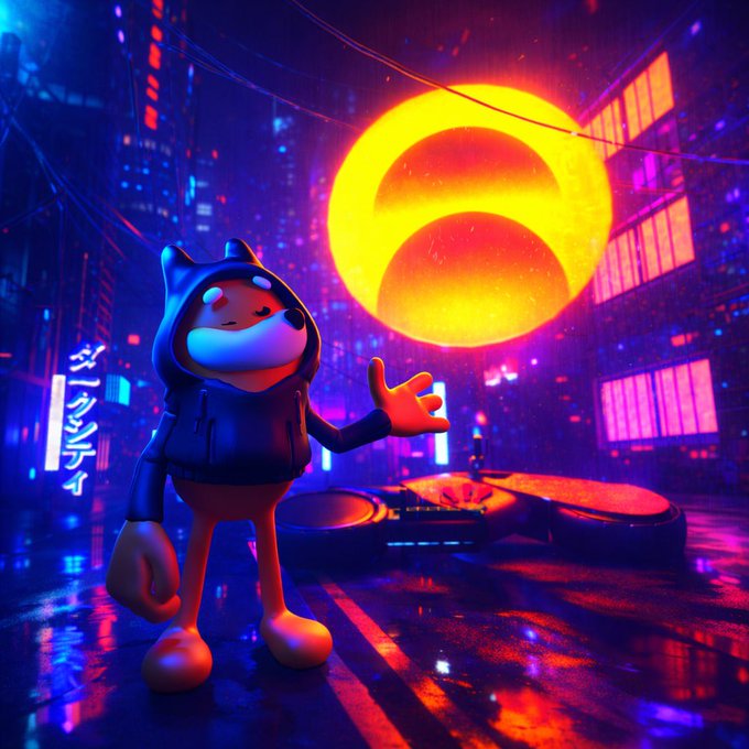 Stylized 3D illustration of a cat-like character in a hoodie standing in a neon-lit cyberpunk city street with a large yellow sun/orb behind them.