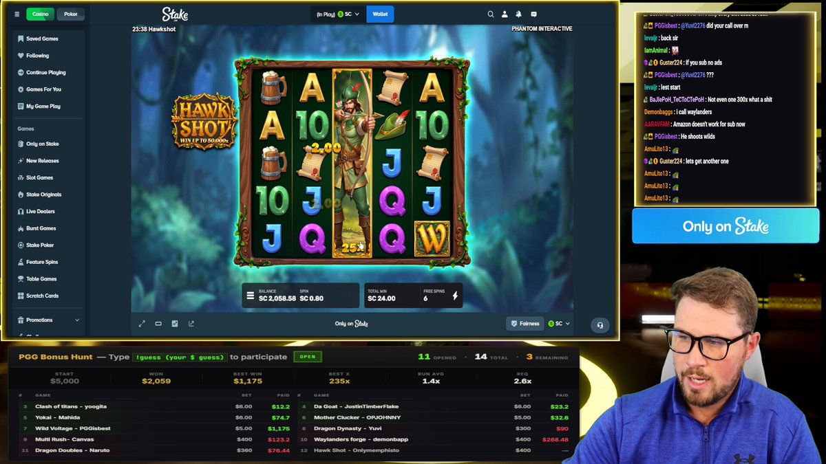 The image features a man wearing glasses sitting in front of a computer screen displaying information about a slot machine game called "Hawking Hotshot". The game's interface shows details about its paytable, including various numbers, symbols, and potential winnings. The man appears to be engaged with the content on his screen, as he is actively looking at it or typing.