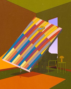 A massive multicolored door has crashed through a room, tilted at a dramatic angle, hinting that the artist is literally "opening doors" to new opportunities—likely symbolizing the decision to mint a new NFT collection on Ethereum ("Eth") as mentioned in the post. The door's bright, Mondrian-esque panels suggest vibrant creative possibilities awaiting on-chain.