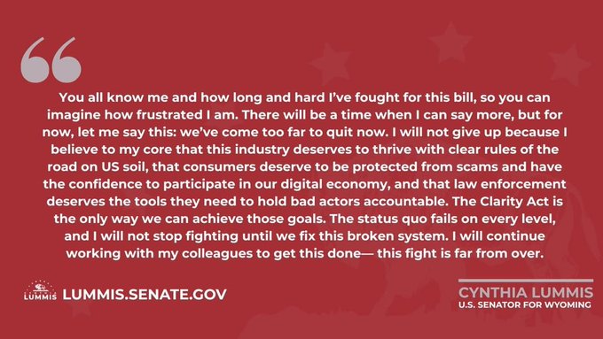 The image is a quote graphic from Senator Cynthia Lummis (U.S. Senator for Wyoming) on a red background, featuring her statement about her fight for the Clarity Act and consumer protection in the digital economy, branded with "LUMMIS.SENATE.GOV." This visually supports the accompanying post by highlighting her commitment to continue working on the Clarity Act with her colleagues.