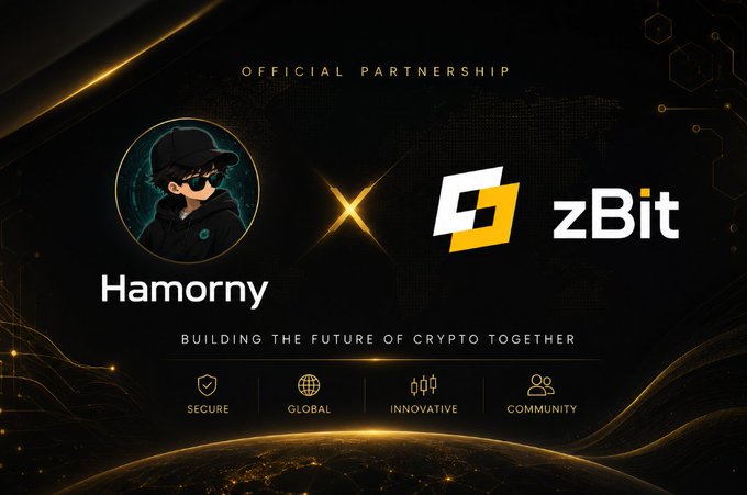 The image is an official partnership announcement graphic between **Hamorny** and **zBit**, featuring their logos connected by an "X" symbol on a dark background with a world map. The tagline reads "BUILDING THE FUTURE OF CRYPTO TOGETHER," with icons highlighting their shared values of being secure, global, innovative, and community-focused—visually reinforcing the post's message about partnering to deliver real value in the crypto ecosystem.