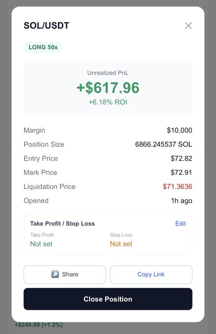 A screenshot of a SOL/USDT long position with 50x leverage showing an unrealized profit of +$617.96 (+6.18% ROI) within just 1 hour, with entry at $72.82 and mark price at $72.91. The image highlights the strong early gains the poster references, showing the +$246.98 (+1.2%) increase visible at the bottom along with the "Close Position" button for traders who copied the trade.