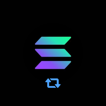 The Solana blockchain logo, featuring a gradient purple-to-green symbol with a blue swap/transfer icon beneath it on a black background.