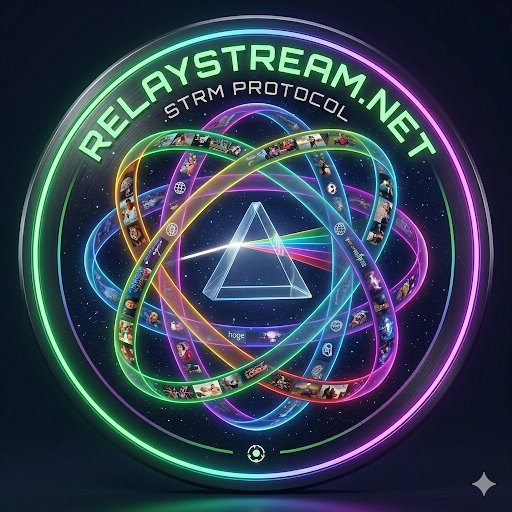 The image features a circular logo with a neon triangle at its center, surrounded by a rainbow of colors. The text "RelayStream" is written above the triangle, while "NFTs aren'T dying. They're transforming into something much bigger. The next wave is utility." is written below the triangle. The background of the image is dark blue with neon lights and stars, creating an otherworldly atmosphere.