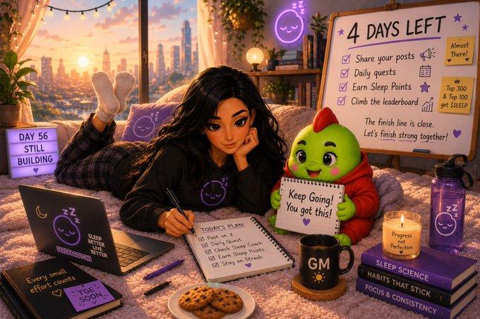 A cozy illustration of a girl and a green dragon mascot working on a 'TODAY'S PLAN' notepad, with a whiteboard reading '4 DAYS LEFT' featuring tasks like 'Share your posts', 'Daily quests', and 'Earn Sleep Points'.
