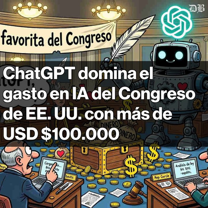 A cartoon illustration depicts a robot character with a ChatGPT logo holding a feather pen, with Spanish text reading 'ChatGPT domina el gasto en IA del Congreso de EE. UU. con más de USD $100.000' over a scene of politicians at desks with money.