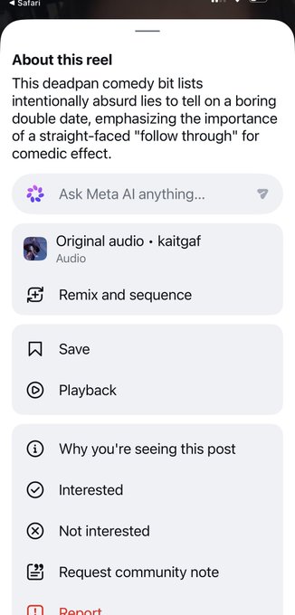 A mobile screenshot of the Instagram 'About this reel' section describing a 'deadpan comedy bit' with options to save, set playback, and provide feedback.