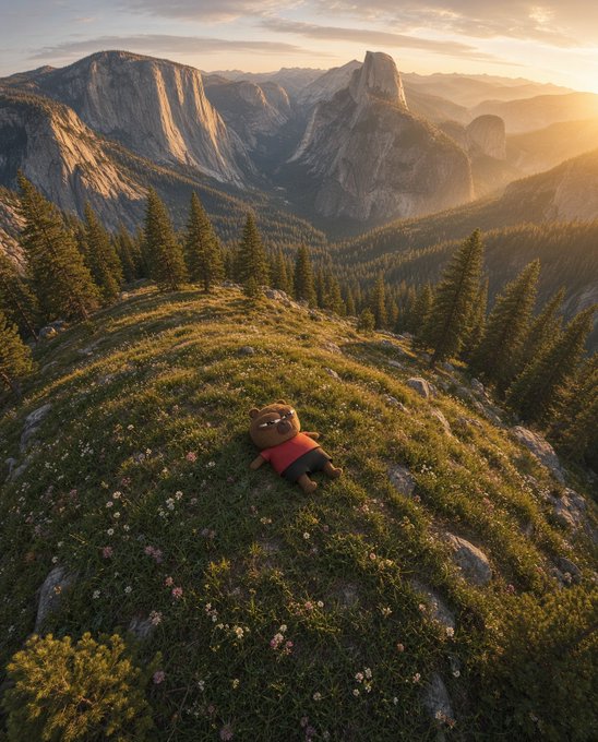 A small teddy bear in a red shirt rests on a grassy mountain overlook in Yosemite, with Half Dome and a golden sunset visible in the valley below.