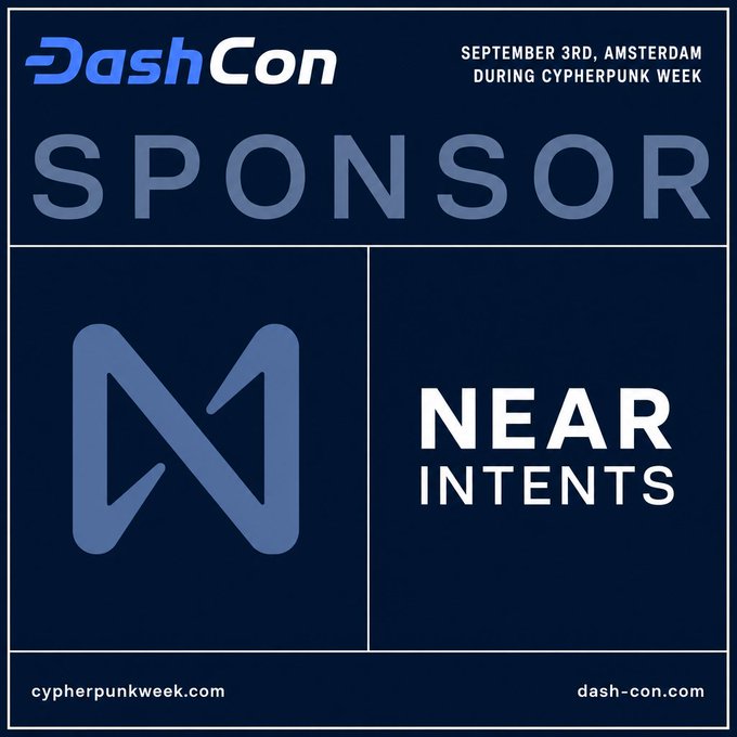 A sponsor announcement graphic for DashCon Amsterdam on September 3rd, featuring the NEAR Intents logo, indicating a partnership with the NEAR Protocol during Cypherpunk Week.