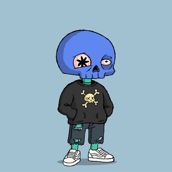 A cartoon illustration shows a skeleton-like figure with a blue skull, a black asterisk over one eye, a black skull sweatshirt, ripped pants, and white sneakers.