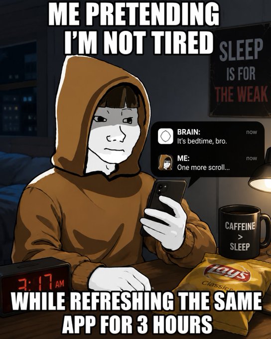 A meme illustration showing a hooded figure at a desk with a phone at 3:17 AM, captioned 'ME PRETENDING I'M NOT TIRED WHILE REFRESHING THE SAME APP FOR 3 HOURS,' with a notification reading 'BRAIN: It's bedtime, bro. / ME: One more scroll...' alongside a 'CAFFEINE > SLEEP' mug, Lay's chips, and a 'SLEEP IS FOR THE WEAK' poster.