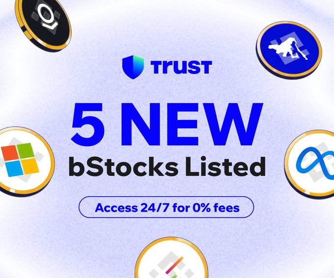 Promotional graphic from Trust Wallet announcing 5 new bStocks listed (LITEB, METAB, MSFTB, PLTRB, QQQB) with 24/7 access and 0% fees, featuring a purple background with the Trust logo and circular icons representing each listed stock.