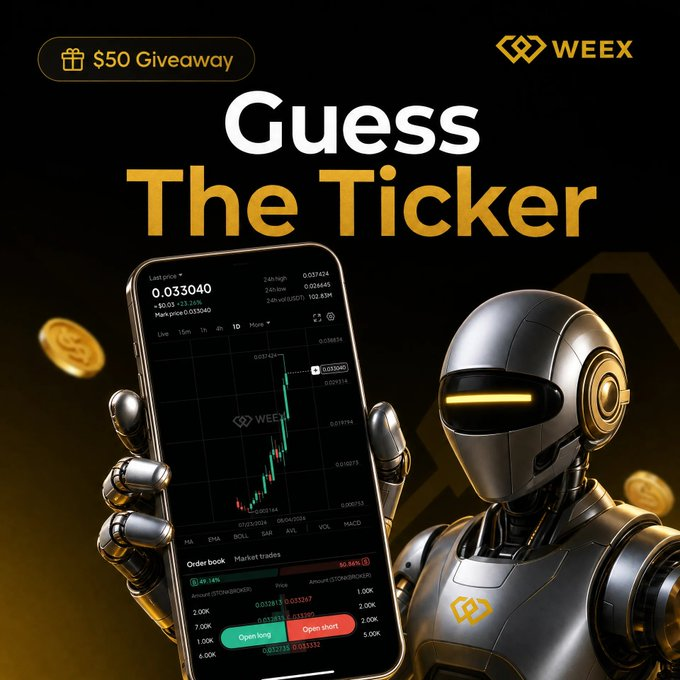 A WEEX promotional graphic titled 'Guess The Ticker' with a $50 Giveaway, featuring a robot holding a smartphone displaying a trading chart.