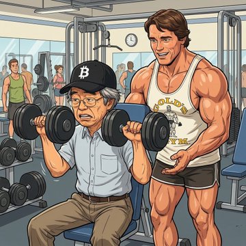 A cartoon illustration of an older man wearing a 'B' cap struggling to lift dumbbells while being spotted by an exaggeratedly muscular man in a 'Gold's Gym' tank top.