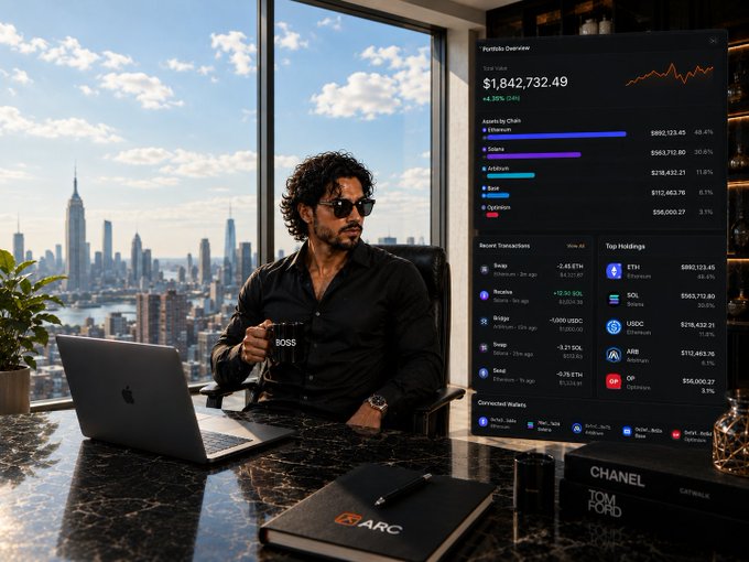 A stylized digital illustration of a bearded man in sunglasses sitting at a desk with a MacBook in a high-rise apartment overlooking a city skyline, holding a 'BOSS' mug, with a cryptocurrency portfolio dashboard overlay showing $1,842,732.49 and top holdings like ETH, SOL, and USDC, with branded items including an 'ARC' book and Chanel/Tom Ford notebooks.