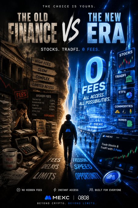 A promotional advertisement for MEXC comparing 'The Old Finance vs. The New Era,' highlighting '0 FEES' for stocks and trading, with the tagline 'Beyond Crypto. Beyond Limits.'