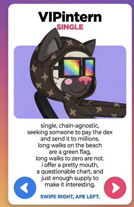 A Tinder-style profile card for 'VIPintern' featuring a cartoon character in a star-patterned hoodie wearing glitchy sunglasses, with crypto-themed pickup lines about being 'single, chain-agnostic' and offering 'just enough supply'.