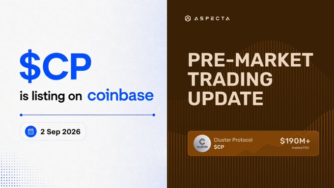 A promotional graphic announces "$CP is listing on coinbase" on September 2, 2026, alongside an "ASPECTA PRE-MARKET TRADING UPDATE" highlighting Cluster Protocol ($CP) with an implied FDV of $190M+. The image visually reinforces the post's message about $CP's upcoming TGE and strong pre-market valuation on Aspecta.