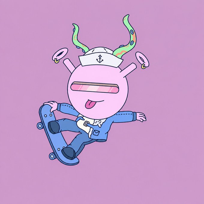 A cartoon illustration of a round, pink character with green tentacle-like horns wearing a sailor hat with an anchor emblem and a blue sailor outfit, appearing to ride or balance on a skateboard against a purple background.
