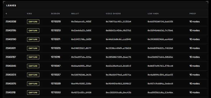 A dark-themed 'LEAVES' table displays a list of blockchain transactions, each marked as 'CAPTURE' with a unique session ID, wallet hash, video hash, leaf hash, and 'nodes' proof entry.