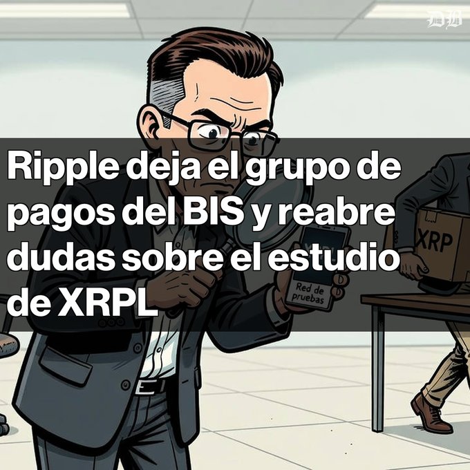 A cartoon illustration of a man in a suit holding a magnifying glass and a phone labeled 'Red de pruebas,' with the Spanish headline 'Ripple deja el grupo de pagos del BIS y reabre dudas sobre el estudio de XRPL' and an XRP-labeled box in the background.