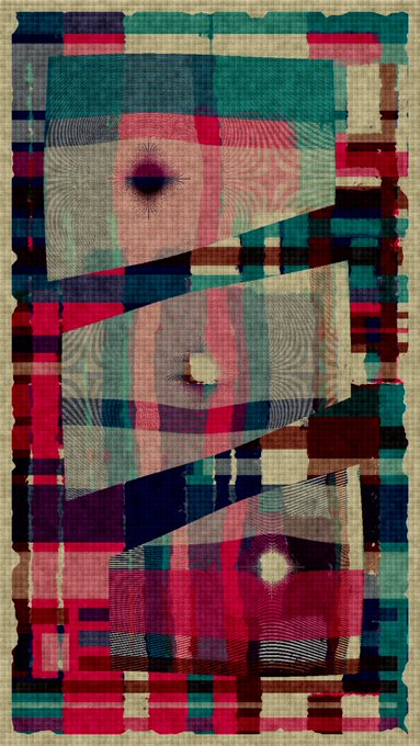 Abstract artwork or textile with a plaid pattern in pink, teal, blue, and beige, featuring geometric shapes and a checkered texture.