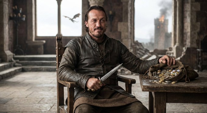 A man in medieval leather clothing sits on a wooden chair holding a dagger, with a bag of gold coins on a nearby table in what appears to be a castle setting.