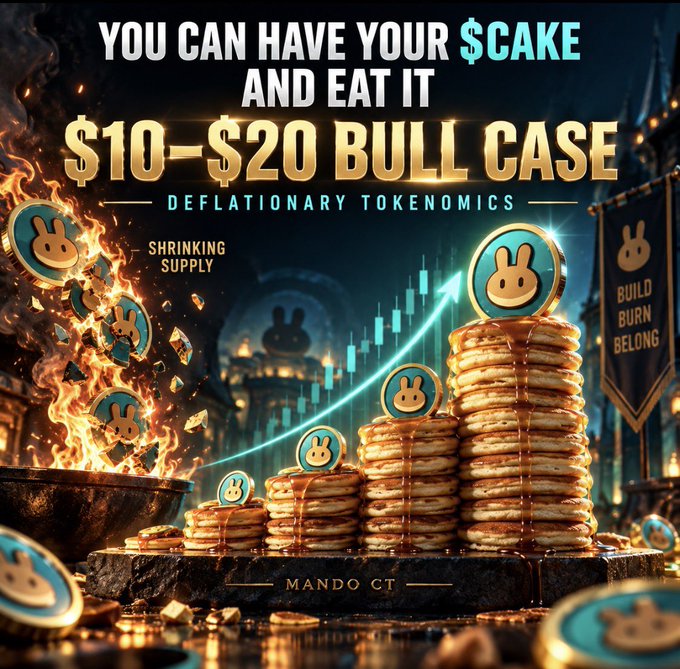 A promotional graphic featuring stacks of pancakes and flaming "$CAKE" tokens with the headline "YOU CAN HAVE YOUR $CAKE AND EAT IT $10-$20 BULL CASE — DEFLATIONARY TOKENOMICS — SHRINKING SUPPLY" and a banner reading "BUILD BURN BELONG," visually reinforcing the post's thesis that PancakeSwap's deflationary tokenomics could drive the token to a $10–$20 bull case from its current $2–$3 range.